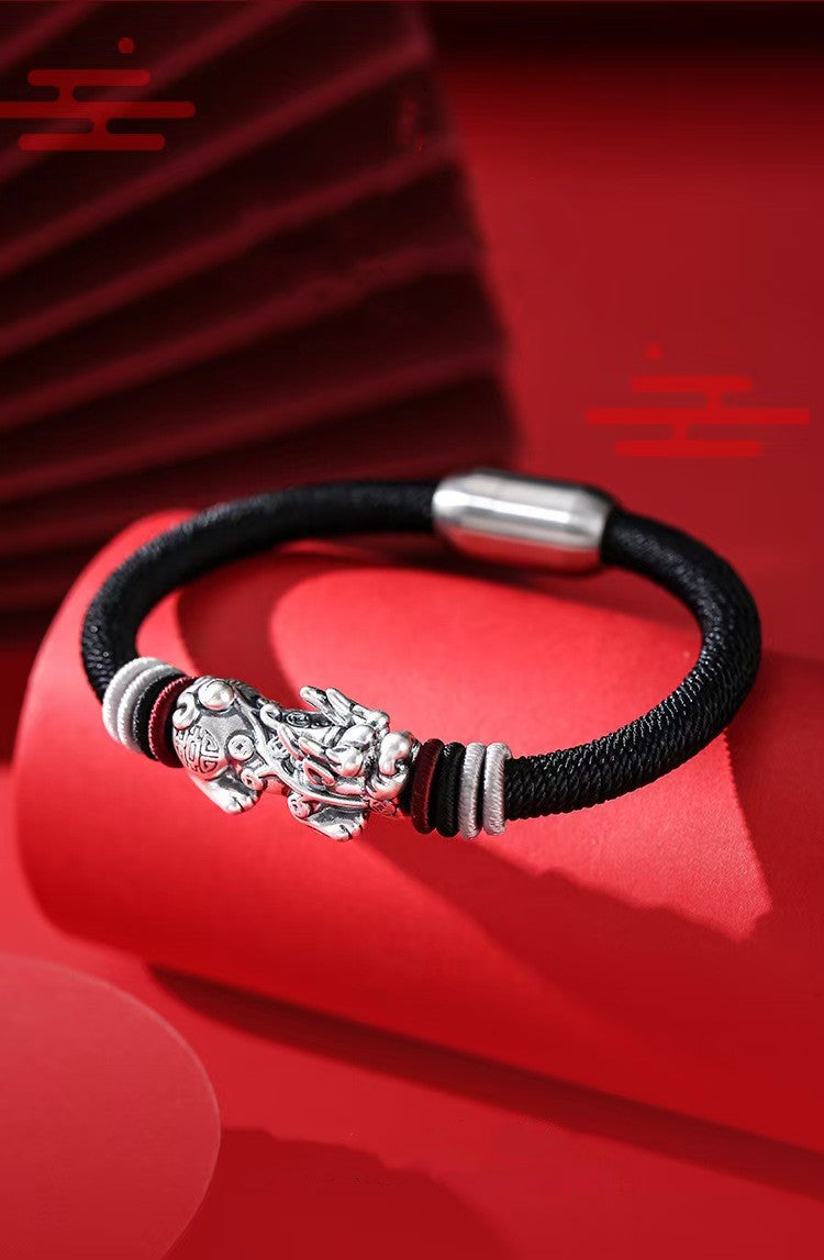 999 Silver Pixiu Handmade Rope Magnetic Clasp Bracelet-Attract Wealth