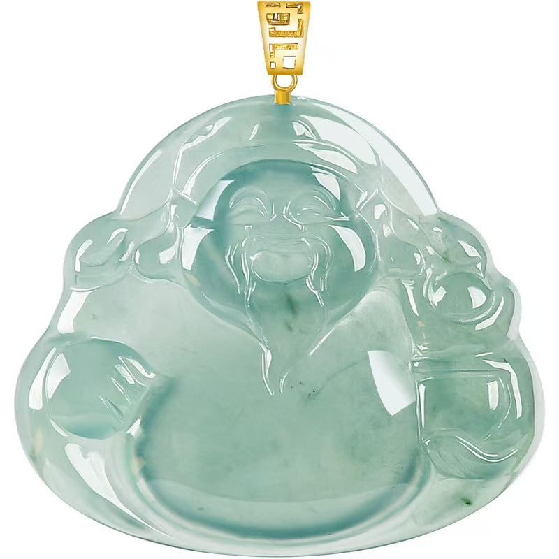 Blue Jadeite God of Wealth Pendant – Natural Ice-Type Jade Necklace with 18K Gold Setting