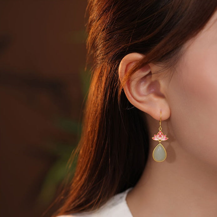 Lotus Nephrite Jade Drop Earrings-Unblemished Grace