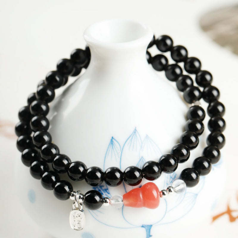 Pink Agate Gourd Obsidian Double-Wrap Bracelet-Calm Intention