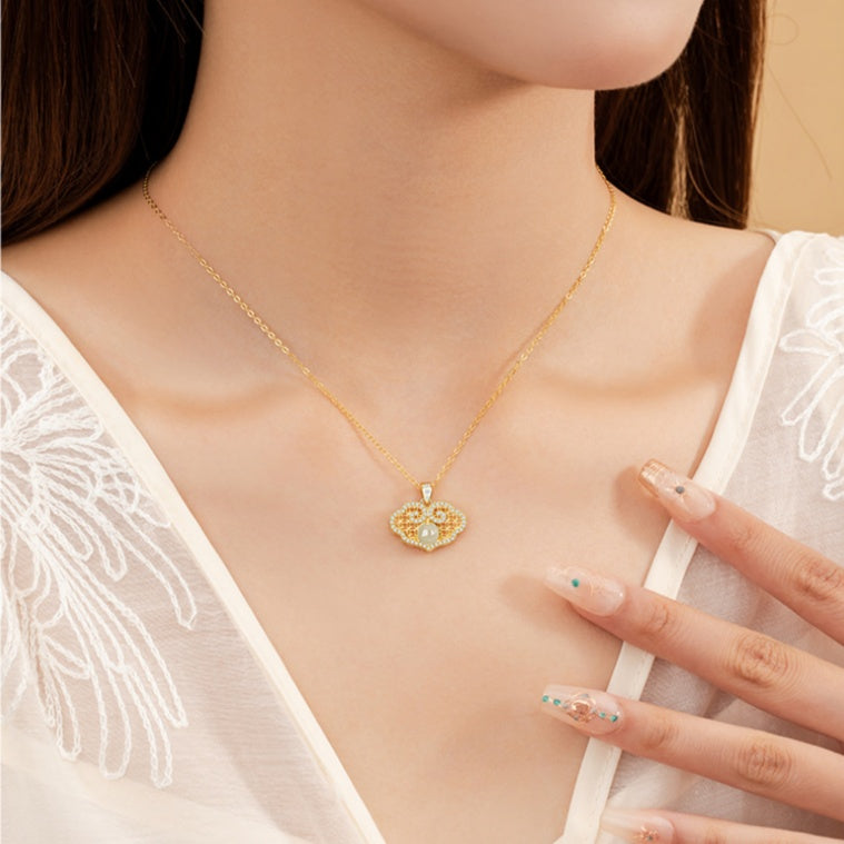 Ruyi Cloud Nephrite Jade Peace Lock Necklace-Happiness and Wellbeing