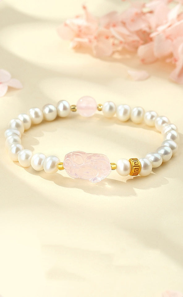 Rose Quartz Pixiu Bracelet with Pearls – 925 Silver Fortune & Peace Charm