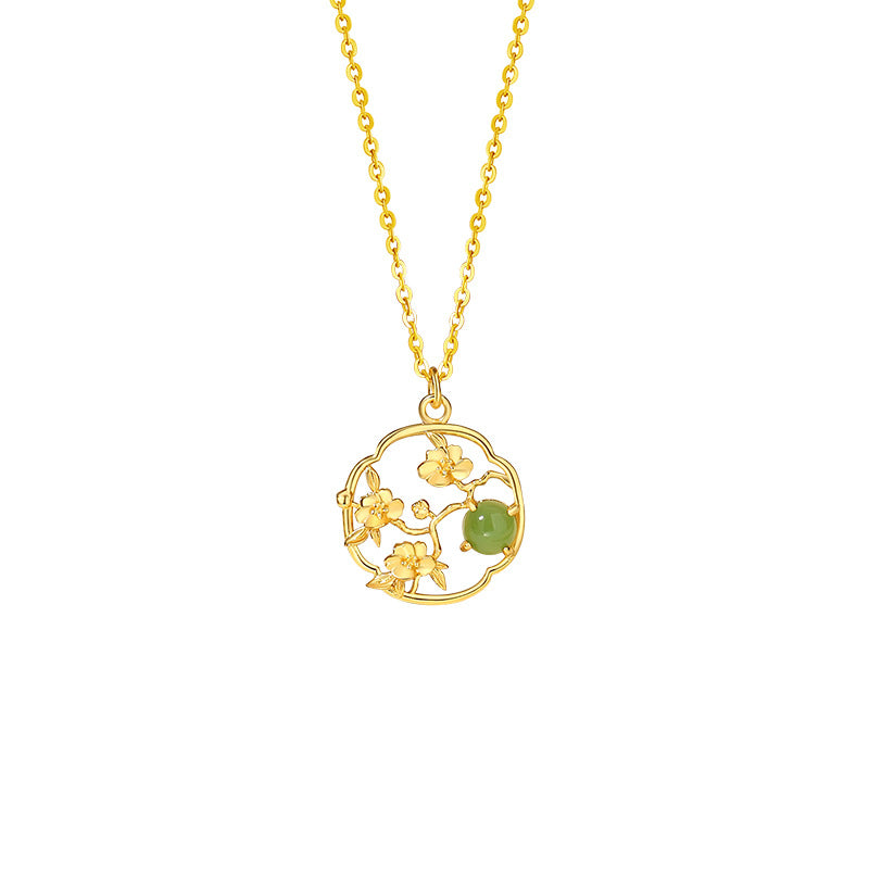 Fortune in Bloom-Floral & Gourd Green Jade Necklace