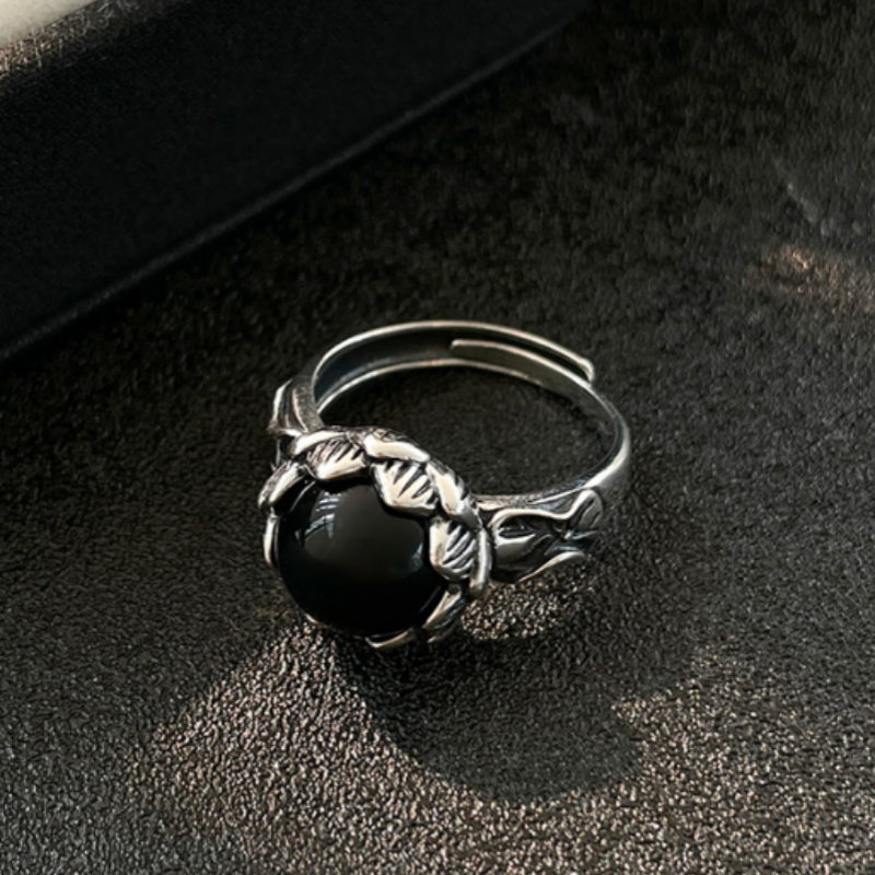 Bold at Heart-Black Agate Silver Ring