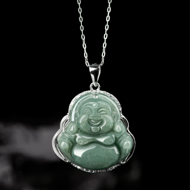 Grade A Jade Laughing Buddha Pendant – Women’s S925 Silver Mounted Bean-Type Jade Amulet