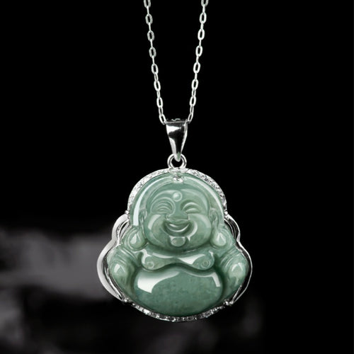 Grade A Jade Laughing Buddha Pendant – Women’s S925 Silver Mounted Bean-Type Jade Amulet
