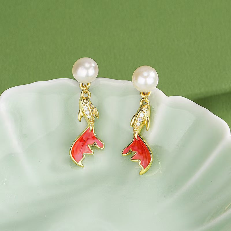 Pearl Koi Fish Drop Earrings – Elegant Gold-Plated Studs with Enamel & Crystals