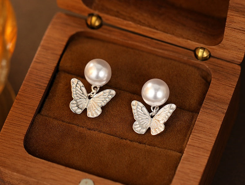 Ethereal Butterfly Pearl Silver Stud Earrings