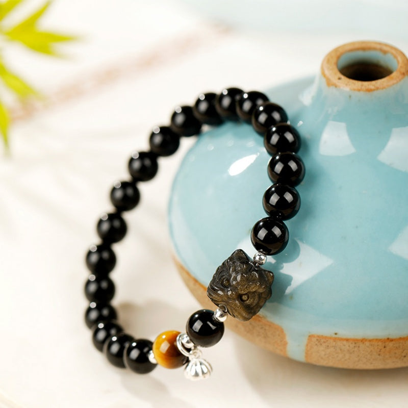 Gold Sheen Obsidian Lion Dance Head Tiger’s Eye Bracelet-Grounded Courage