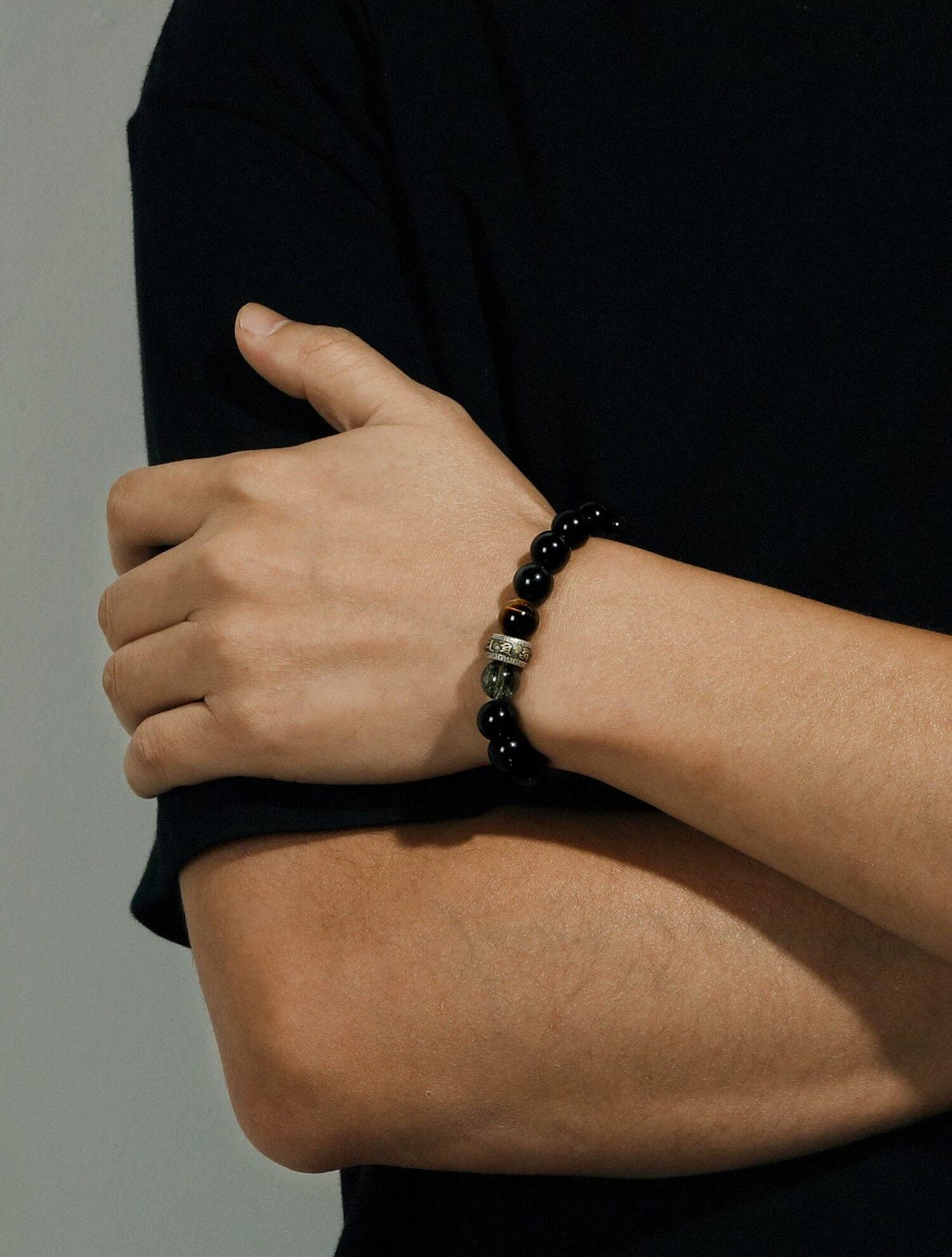 Six True Word Tiger's Eye and Black Obsidian Men's Bracelet-Steady Intention