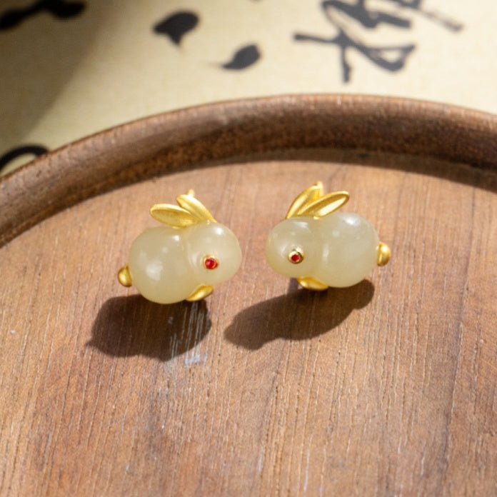 Moon Rabbit Nephrite Jade Stud Earrings-Dewlit Wishes