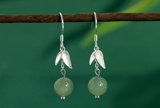 Bamboo Leaf Green Jade Drop Earrings – Gentle Harmony in 925 Sterling Silver