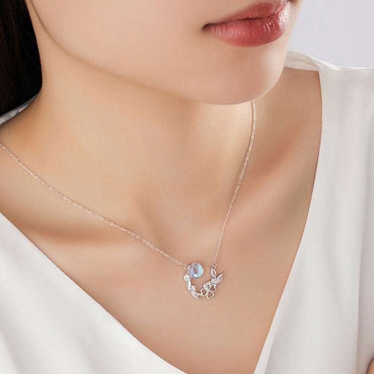 Butterfly & Clover Sterling Silver Necklace-Happiness in Finding You