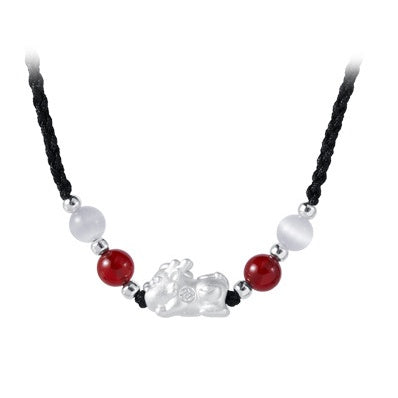 Pixiu Obsidian and Red Agate Braided Couple Necklace Set-Good Fortune Ahead