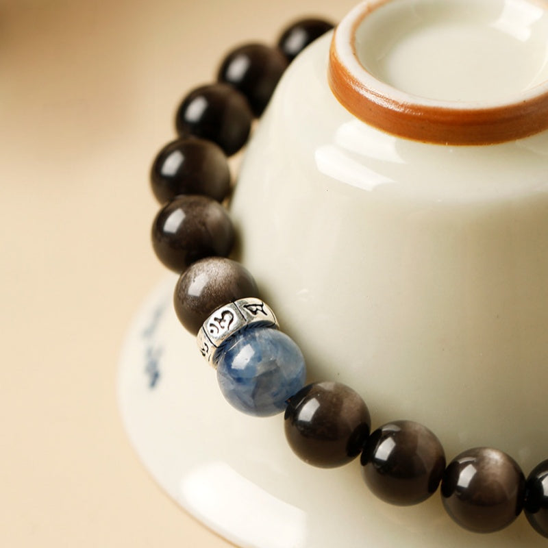Centered Focus-Silver Obsidian Six-Character Mantra Bracelet