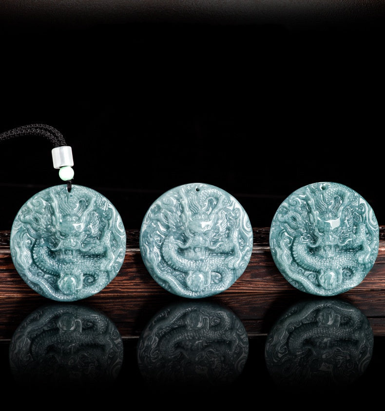 Grade A Blue Jadeite Dragon Pendant – Bold Ice Variety Jade Necklace for Men