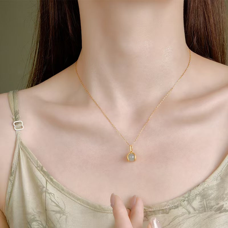 Gentle Essence Hetian Jade Pendant Necklace– S925 Sterling Silver with Ancient Gold Finish
