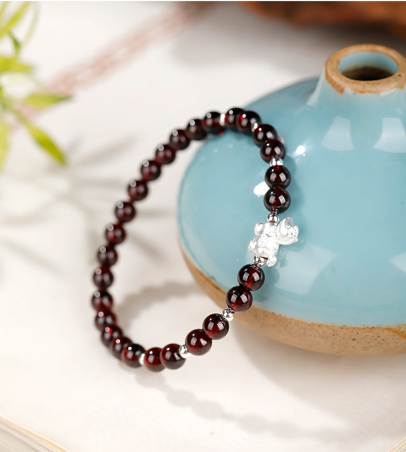 Silver Lucky Horse Garnet Bracelet-Forward with Courage