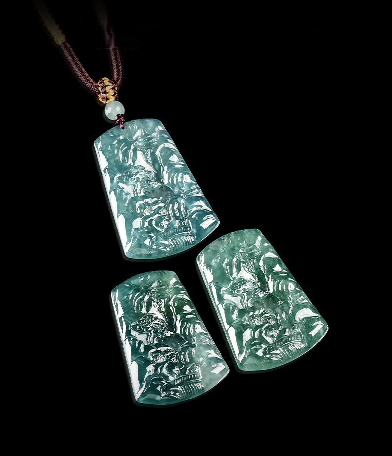 Blue Jadeite Landscape Pendant – Natural A-Grade Glutinous Variety Jade Carving