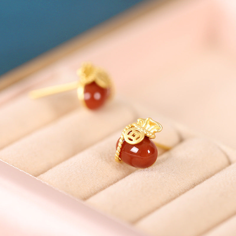Fortune Pouch Gemstone Stud Earrings-Good Wishes Held Close