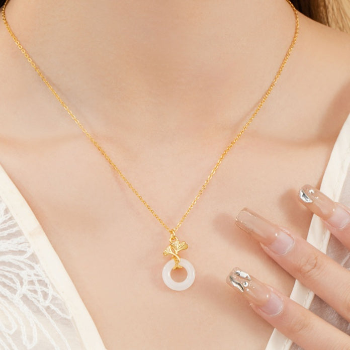 Ginkgo Nephrite Jade Peace Disc Necklace-Peace and Happiness
