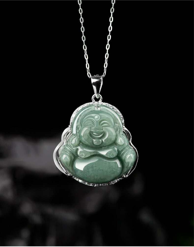 Grade A Jade Laughing Buddha Pendant – Women’s S925 Silver Mounted Bean-Type Jade Amulet