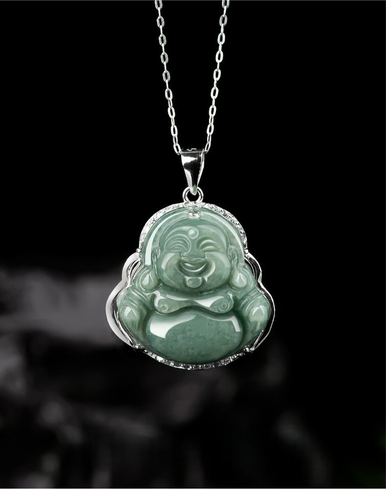 Grade A Jade Laughing Buddha Pendant – Women’s S925 Silver Mounted Bean-Type Jade Amulet