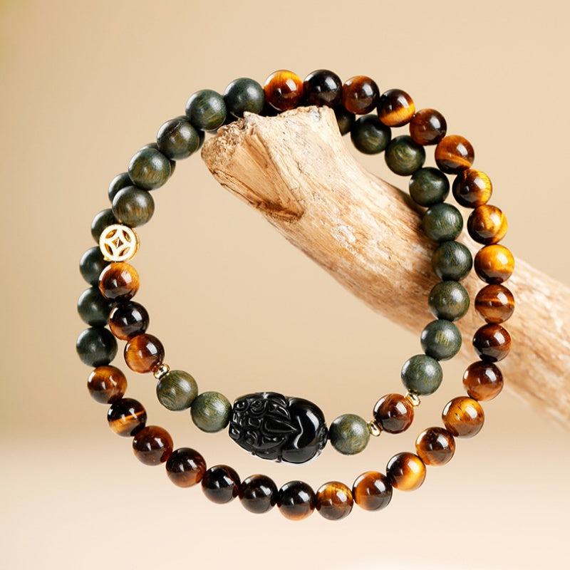 Tiger’s Eye Pixiu Double-Wrap Bracelet with Green Sandalwood