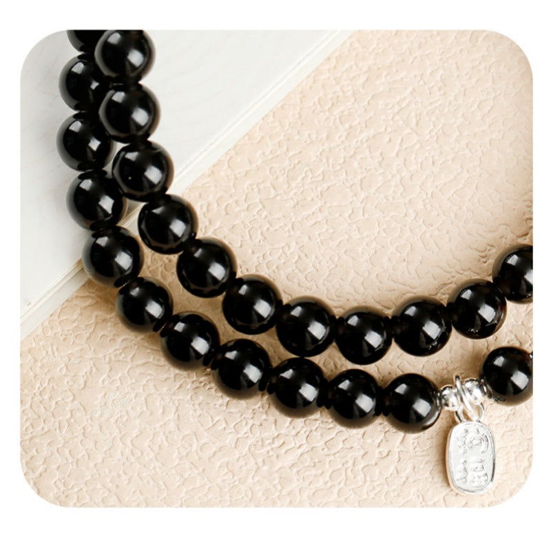 Pink Agate Gourd Obsidian Double-Wrap Bracelet-Calm Intention
