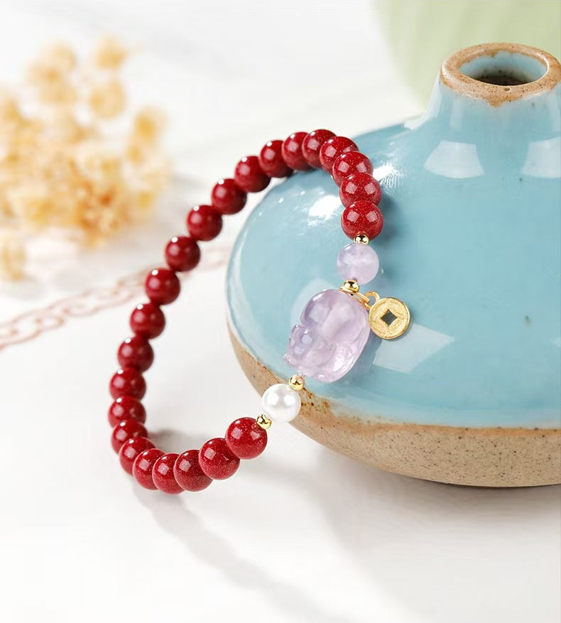 Imperial Amethyst Pixiu & High-Purity Cinnabar Wealth Bracelet
