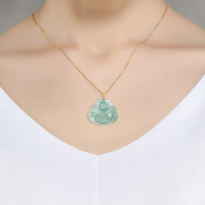 Blue Jadeite God of Wealth Pendant – Natural Ice-Type Jade Necklace with 18K Gold Setting