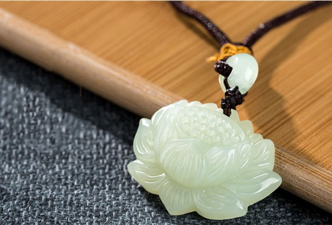 Purity Protection Lotus Hetian Jade Pendant Necklace-Symbol of Purity & Inner Peace