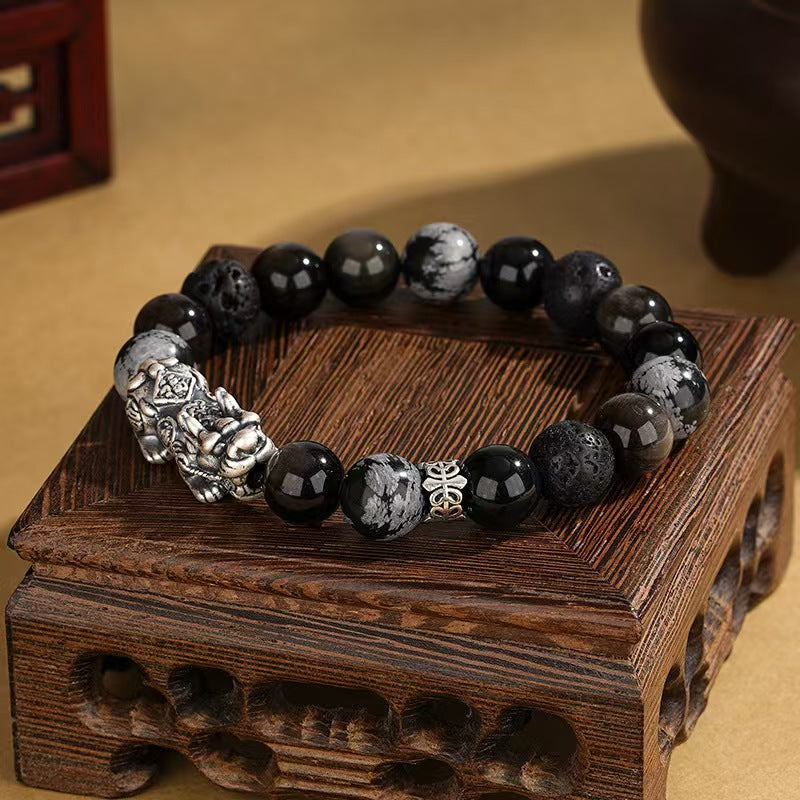 Guardian Flow Pixiu Obsidian & Lava Stone Silver Bracelet