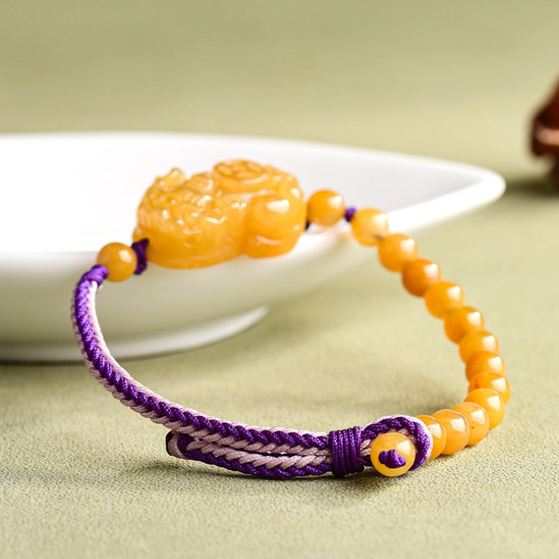 Natural Golden Silk Jade PiXiu Prosperity Hand-Woven Bracelet