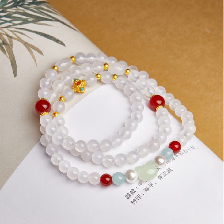 Nephrite Jade Cat White Agate Triple-Wrap Bracelet-Everyday Joy