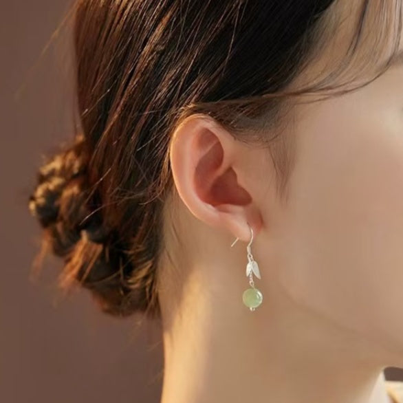 Bamboo Leaf Green Jade Drop Earrings – Gentle Harmony in 925 Sterling Silver