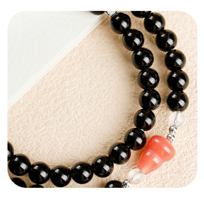 Pink Agate Gourd Obsidian Double-Wrap Bracelet-Calm Intention