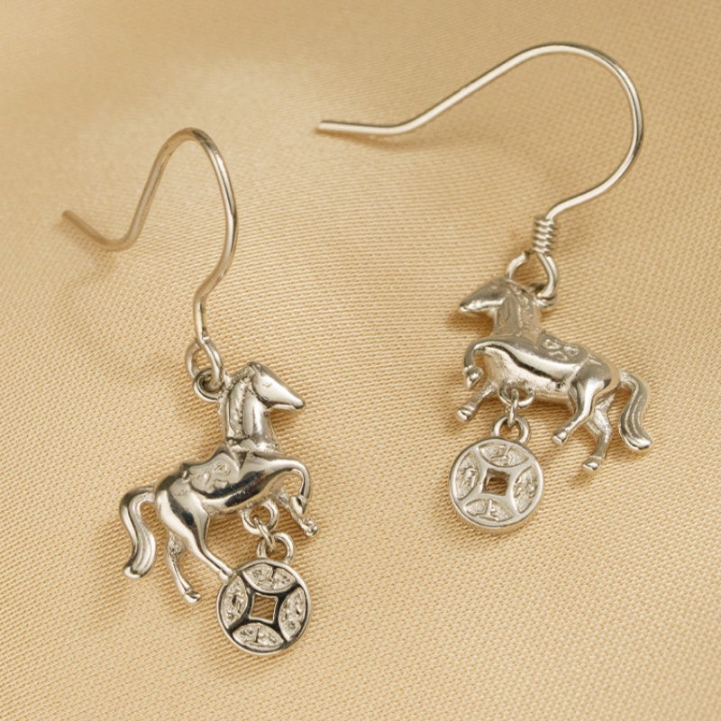 Horse & Coin Sterling Silver Drop Earrings-Onward with Spirit