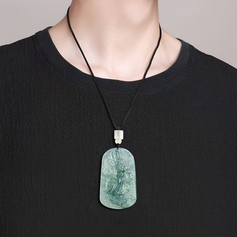 Natural Jadeite Guanyin with Dragon Pendant – Hand-Carved Ice-Type Jade