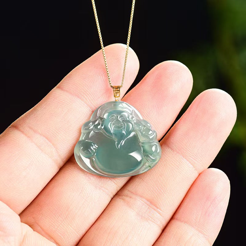 Blue Jadeite God of Wealth Pendant – Natural Ice-Type Jade Necklace with 18K Gold Setting