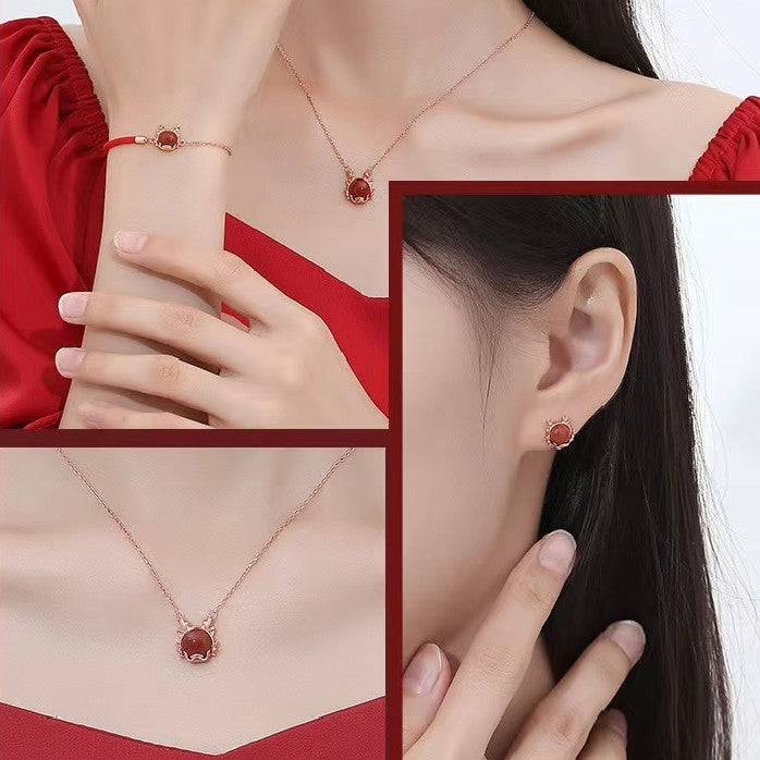 Yeaf of Dragon Red Agate Jewelry Set-Attract Good Luck