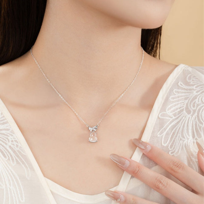 Gourd Jade Stone Silver Necklace-Blessings Tied Close