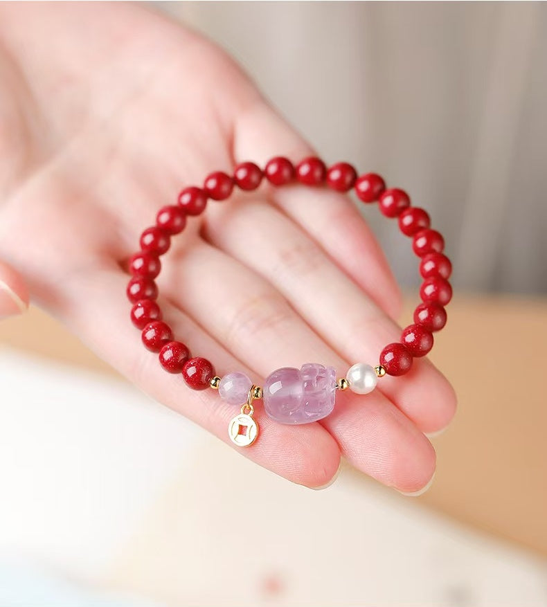 Imperial Amethyst Pixiu & High-Purity Cinnabar Wealth Bracelet