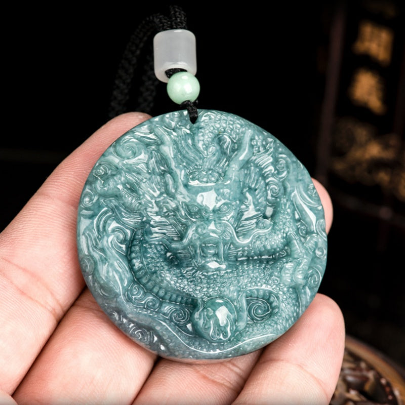 Grade A Blue Jadeite Dragon Pendant – Bold Ice Variety Jade Necklace for Men