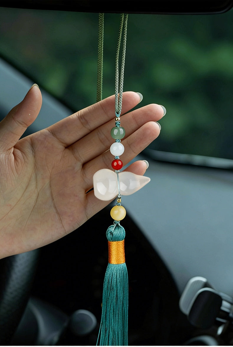 Safe Journey Blessing Gourd Spiritual Car Hanging Pendant-White Chalcedony & Hetian Jade