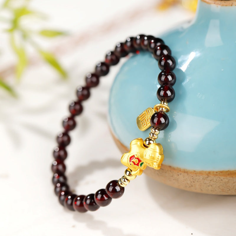 Gold-Plated Silver Lucky Horse Garnet Bracelet-Steady Beyond Obstacles