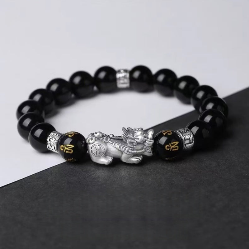 Mystic Guardian Pixiu Obsidian Bracelet in 999 Fine Silver
