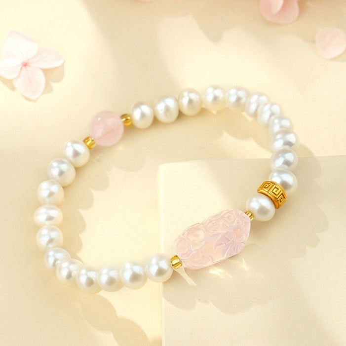 Rose Quartz Pixiu Bracelet with Pearls – 925 Silver Fortune & Peace Charm