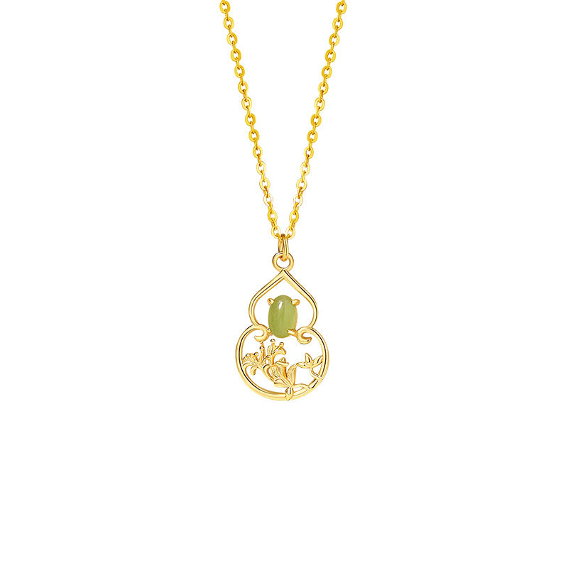 Fortune in Bloom-Floral & Gourd Green Jade Necklace