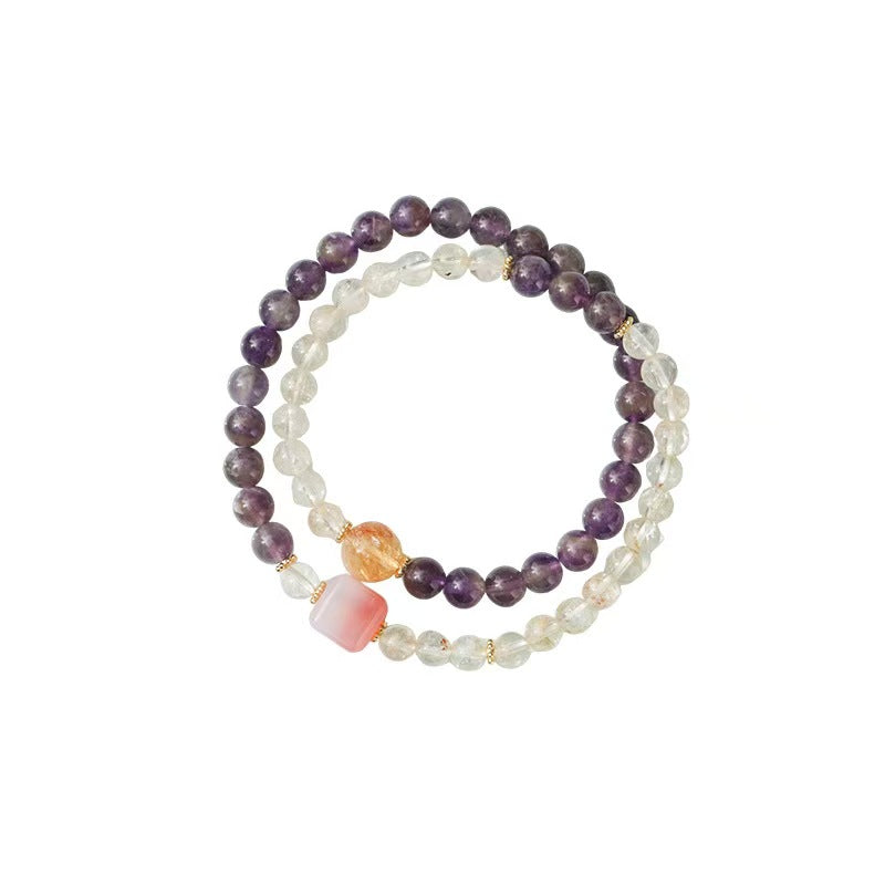 Square Pink Agate Amethyst and Citrine Double-Strand Bracelet